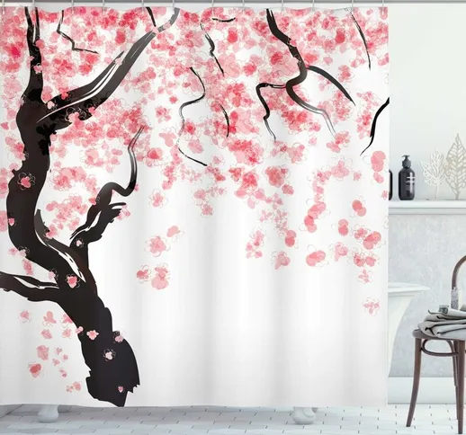 Tenda da doccia floreale, albero di ciliegio in fiore, set di decorazioni per il bagno in...
