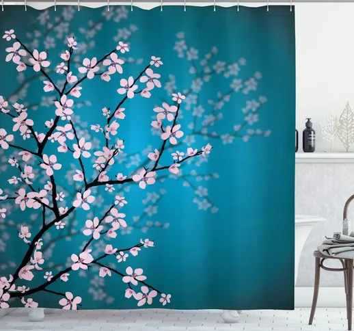 Tenda da doccia giapponese, motivo Sakura Bloom, set arredo bagno in tessuto con ganci, 18...