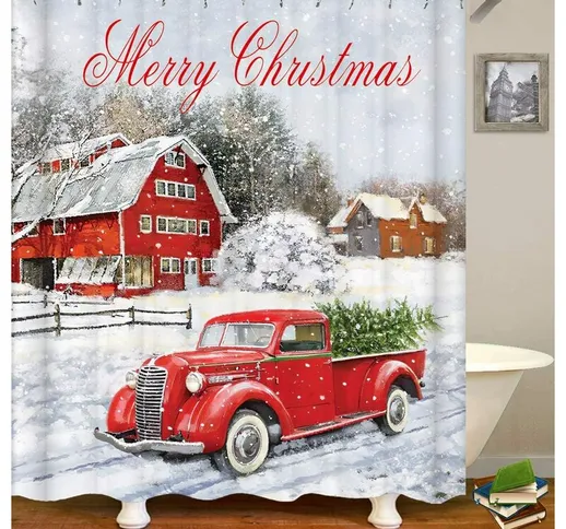 Tenda da doccia natalizia, palla di Natale in pino colorato, camion retrò rosso in tessuto...