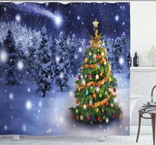 Tenda da doccia natalizia, tema invernale Elf Noel, set arredo bagno in tessuto con ganci,...