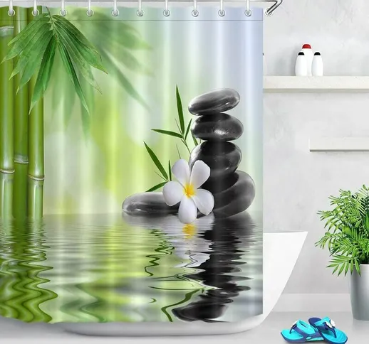 Tenda da doccia spa con ganci, 180 x 200 cm, pietre nere, orchidee, bambù, motivo ad acqua...