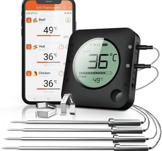 Termometro per grill, Termometro per grill Bluetooth, wireless digitale con 2 sensori Term...