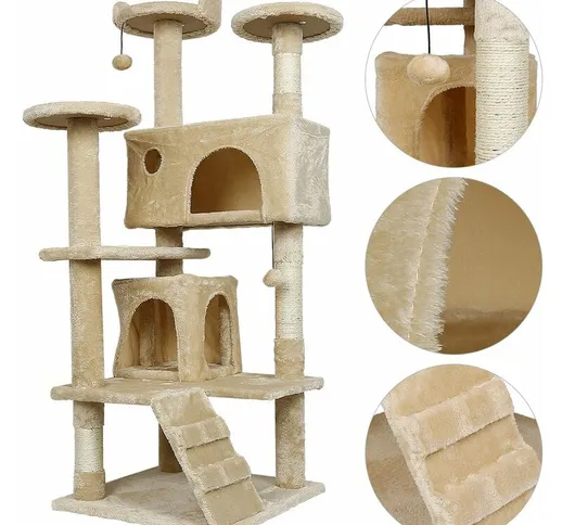 Tiragraffi con Casetta, Albero per Gatti, 130 cm, Torre con tiragraffi in sisal - Beige