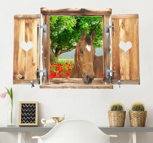 Trompe l'oeil adesivi murali - Finestra con cavallo su valle Dimensione H×L: 80cm x 120cm