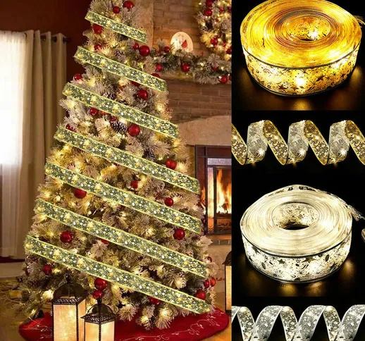 Un nastro natalizio luminoso a led per decorare l'albero di Natale - nastro dorato (caldo)...