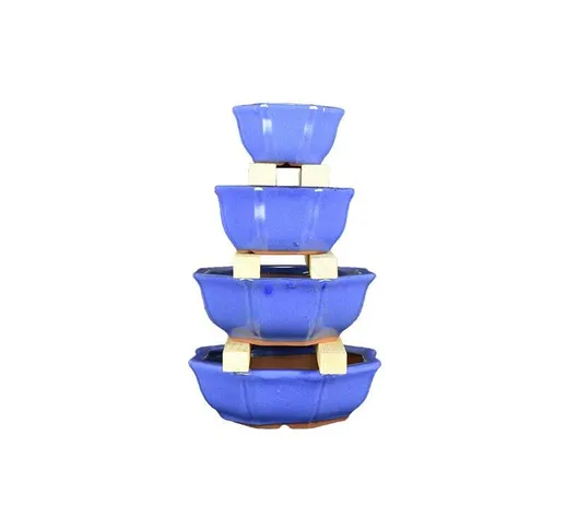 Vasi per bonsai ottagonali in gres smaltati blu (Set da n.4 pezzi) - G235