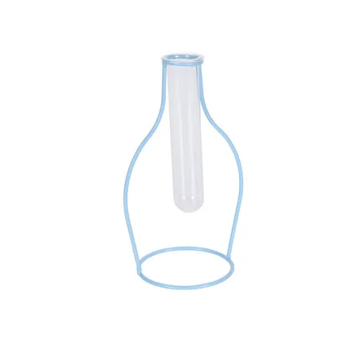 Vaso a forma di tubo in vetro con supporto a bottiglia in metallo azzurro cm. 21h - Azzurr...