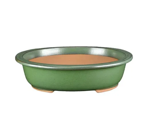 Vaso per bonsai ovale in gres smaltato verde 40x33x9,5 cm - J039d