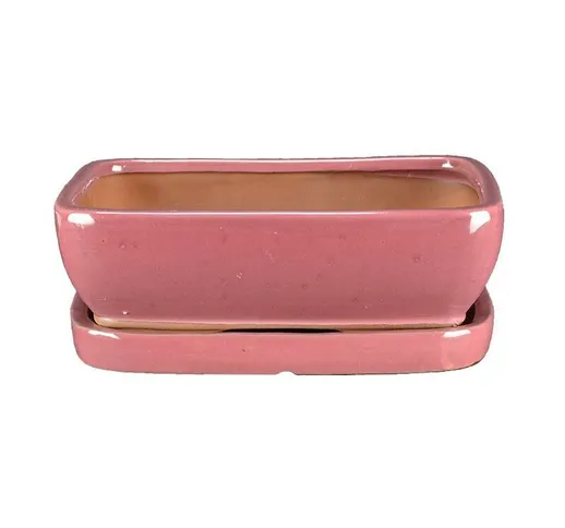 Vaso + sottovaso per bonsai rettangolare in gres smaltato rosa 27x22x7 cm - GA6VS