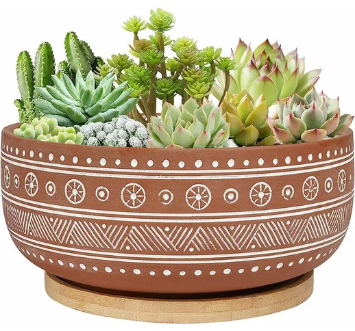 Vaso Vaso da fiori rotondo in terracotta da 20 cm con foro di drenaggio e vassoio in bambù...