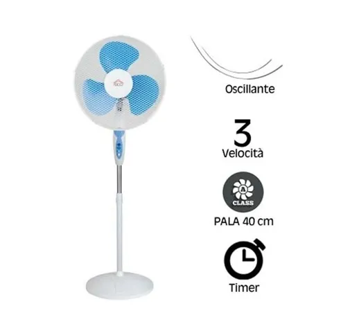 Ventilatore A Piantana Pala 40Cm Base Tonda Oscillante 3 Velocità Timer 65W