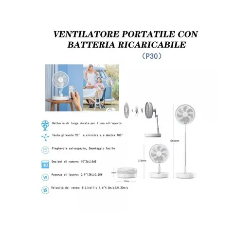 Trade Shop - Ventilatore Portatile Con Batteria Ricaricabile P30 Design Pieghevole Salvasp...