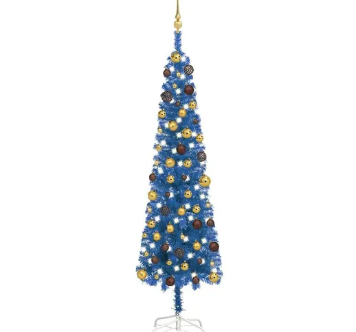 Set Albero di Natale Sottile con led e Palline Blu 180 cm