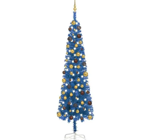 Set Albero di Natale Sottile con Luci LED e Palline Blu 240cm