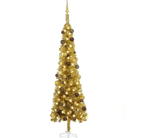 Set Albero di Natale Sottile con led e Palline Oro 180 cm