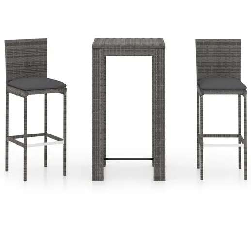 vidaXL Set Bar da Giardino 3 pz con Cuscini in Polyrattan Grigio - Grigio