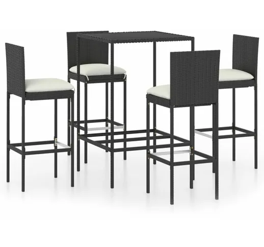 vidaXL Set Bar da Giardino 5 pz con Cuscini in Polyrattan Nero - Nero