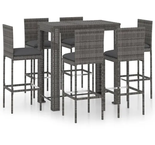 vidaXL Set Bar da Giardino 7 pz con Cuscini in Polyrattan Grigio - Grigio