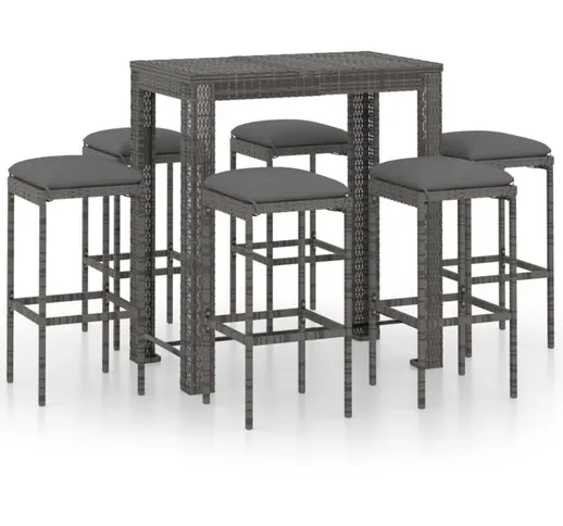 vidaXL Set da Bar da Giardino 7 pz con Cuscini in Polyrattan Grigio - Grigio