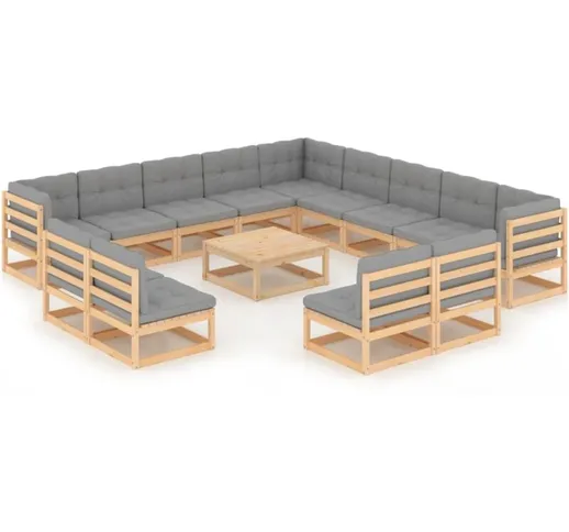 vidaXL Set Divani da Giardino 14 pz con Cuscini Legno Massello di Pino - Marrone