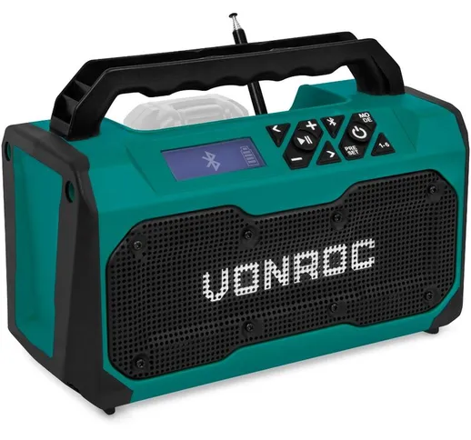 Vonroc - Radio da cantiere 20V - fm, Bluetooth & usb. Altoparlanti Bass Reflex. Batteria e...