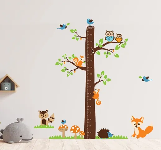 Walplus AY221 - Adesivo da parete con metro per bambini, motivo: albero con volpi, multico...