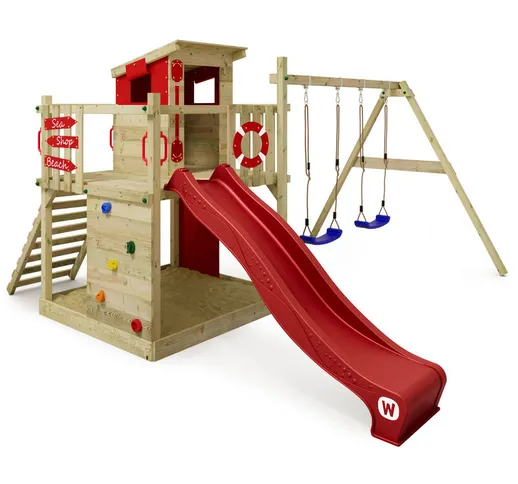 WICKEY Parco giochi in legno Smart Camp Giochi da giardino con altalena e scivolo rosso Ca...