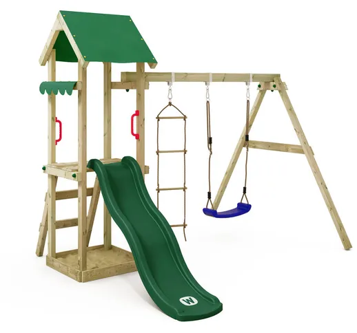 WICKEY Parco giochi in legno TinyCabin Giochi da giardino con altalena e scivolo verde Tor...