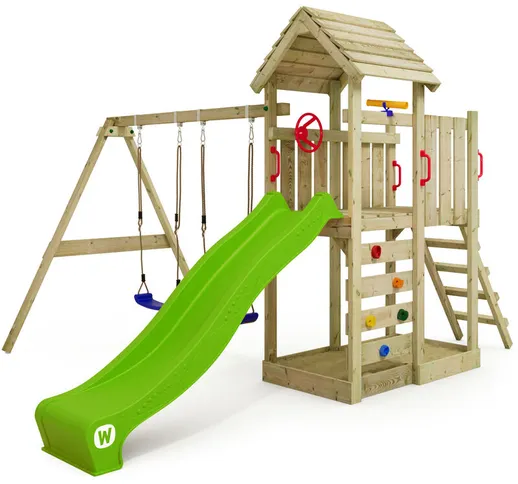 WICKEY Parco giochi in legno MultiFlyer Tetto in legno Giochi da giardino con altalena e s...