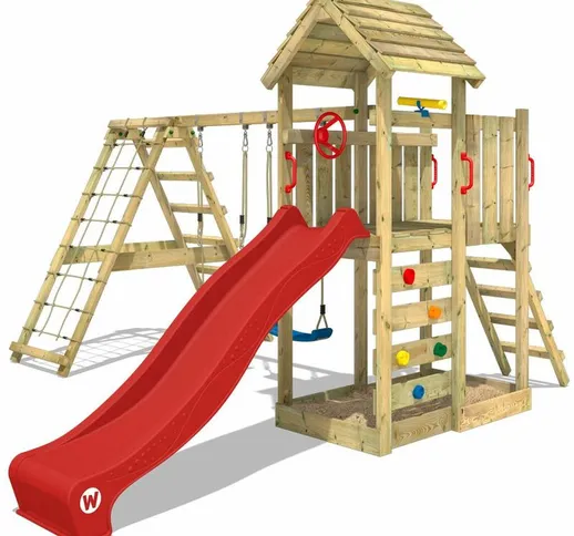 WICKEY Parco giochi in legno RocketFlyer Giochi da giardino con altalena e scivolo rosso T...