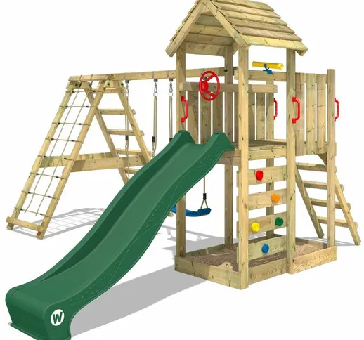 WICKEY Parco giochi in legno RocketFlyer Giochi da giardino con altalena e scivolo verde T...