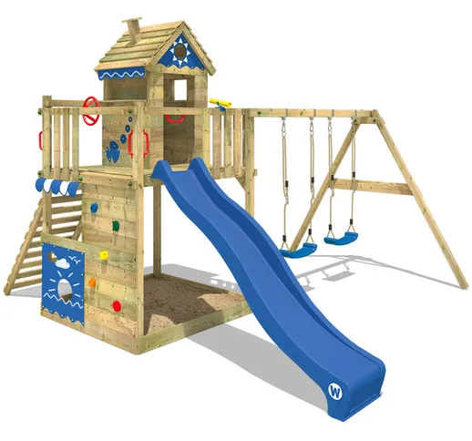 WICKEY Parco giochi in legno Smart Lodge 150 Giochi da giardino con altalena e scivolo blu...