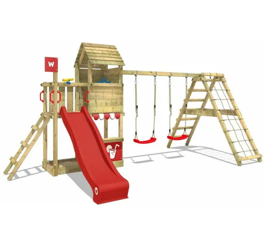 WICKEY Parco giochi in legno Smart Port Giochi da giardino con altalena e scivolo rosso To...