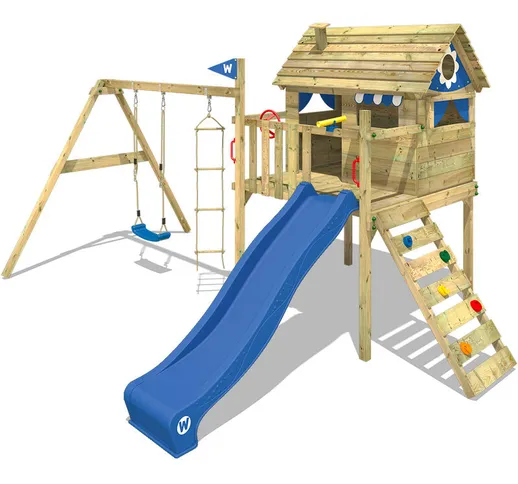 WICKEY Parco giochi in legno Smart Travel Giochi da giardino con altalena e scivolo blu Ca...