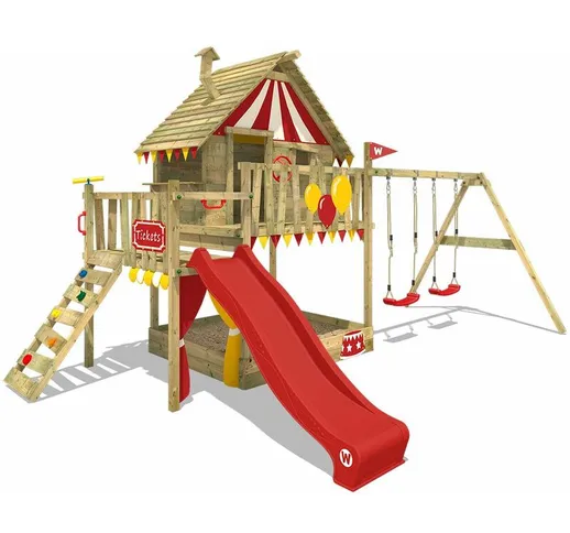 WICKEY Parco giochi in legno Smart Trip Giochi da giardino con altalena e scivolo rosso Ca...