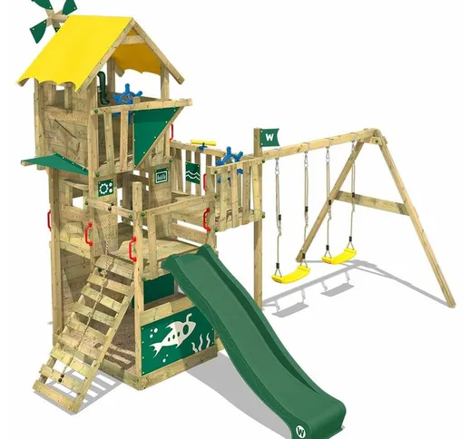 WICKEY Parco giochi in legno Smart Engine Giochi da giardino con altalena e scivolo verde...