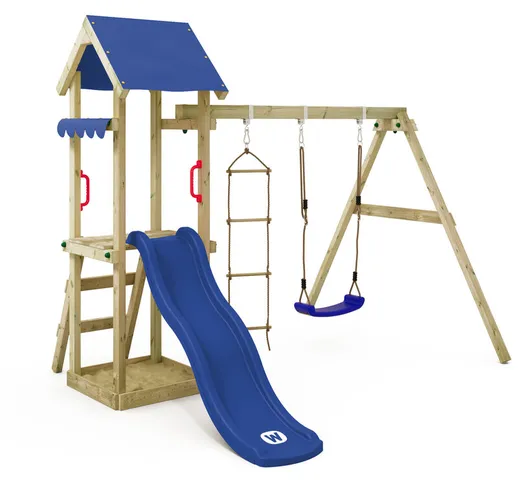 WICKEY Parco giochi in legno TinyCabin Giochi da giardino con altalena e scivolo blu Torre...