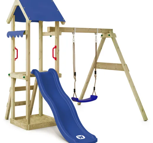 Parco giochi in legno TinyWave Giochi da giardino con altalena e scivolo blu Torre d'arram...