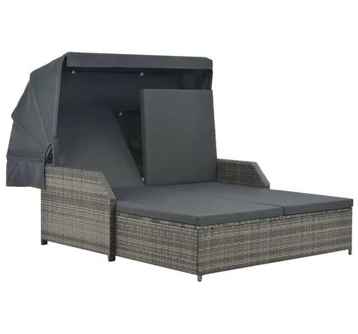 Lettino Prendisole 2 Posti con Tettuccio in Polyrattan Grigio - Grigio - Youthup