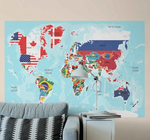 Fotomurale con mappa del mondo e bandiere