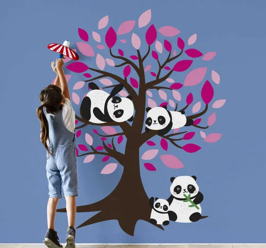 Adesivo murale albero con bambini panda