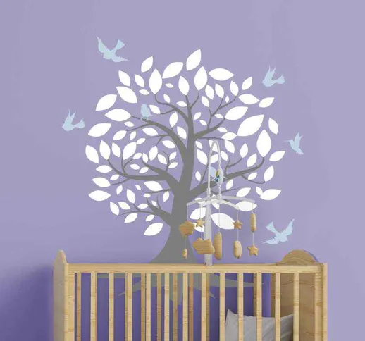 Sticker murale illustrazione Albero con foglie bianche e uccelli