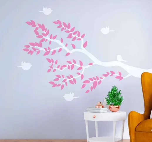 Sticker albero Albero con foglie rosa e uccelli che volano