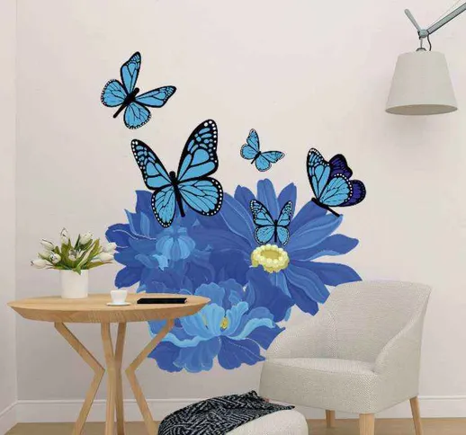 Adesivo fiore Fiori ad acquerelli blu con farfalle
