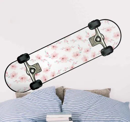 Adesivo murale sport Skateboard rosa fiori di ciliegio