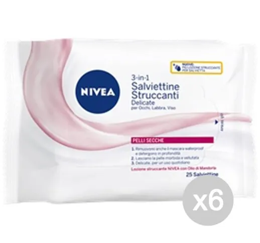 "Set 6 NIVEA Salviette Struccanti X25 Delicate Pelli Sensibili Make-Up E Cosmetica"