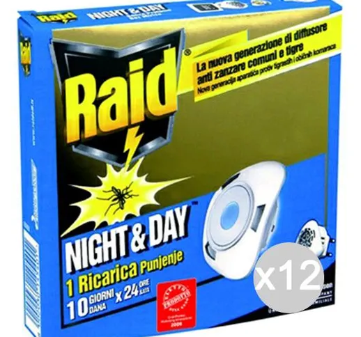 "Set 12 RAID Night-Day 1 Base Spina +1 Ricarica Zanzare Repellente Insetticida"