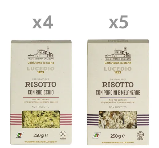 9 confezioni miste 250 gr: Risotto Radicchio e Zafferano - Risotto Porcini e Melanzane