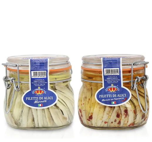 2 vasetti misti: Alici Marinate 550 gr - Alici Marinate al peperoncino 550 gr