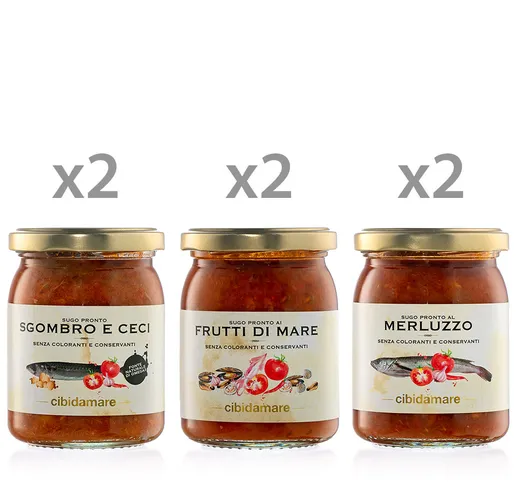 6 vasetti 195 gr: 2 Sugo Sgombro e Ceci - 2 Sugo ai Frutti di mare - 2 Sugo al Merluzzo